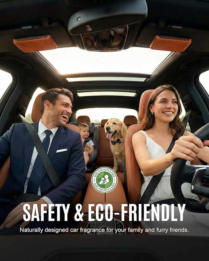 Natural Wooden Car Air Freshener for Visor Clip- Natural Teak/Coconut/Amber Scents, Long-Lasting Odor Eliminator with Metal C