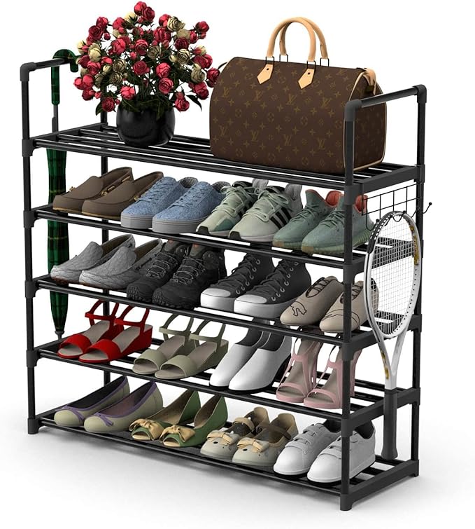 Hsscblet 5 Tiers Metal Shoe Rack,Adjustable Shoe Shelf Storage Organizer with Hooks,Stackable Boot & Shoe Storage,for Entrywa