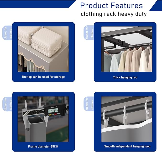 Foldable Portable Closet Wardrobe On Wheel, Load 2000lbs, Portable Wardrobe Closet, Heavy Duty Clothes Rack, Garment Racks fo