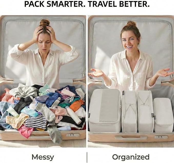 4 Piece Compression Packing Cubes for 3–7 Day Travel, Lightweight Travel Organizers with Breathable Mesh, Double-Zipper Packi