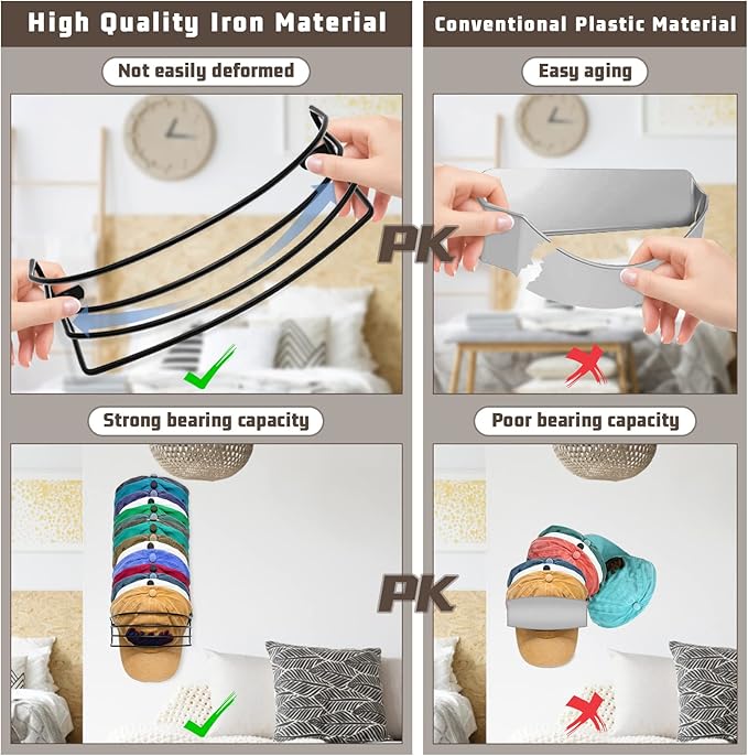 Fikoksol Hat Organizer for Baseball Caps, 2-Pack Black Metal Hat Rack for Wall Door, Adhesive/Wall Mounted Hat Storage Holder