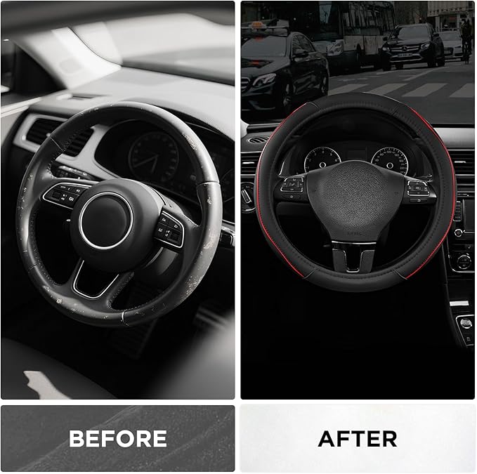 Road Comforts Leather Steering Wheel Cover with Decorative Trim and Piping, Anti-Slip Breathable Design, Fits 14.5–15 Inch Ro