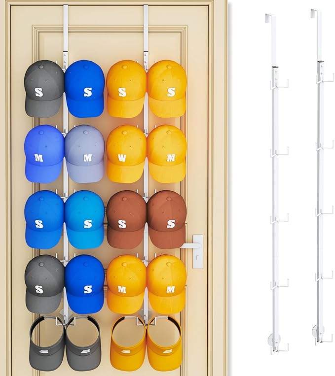 SWTYMIKI Over Door Hat Organizer - 2 Packs Metal Wall Mounted Hat Rack with 5-Tier Dual Hooks Design, Hanging Baseball Cap Or