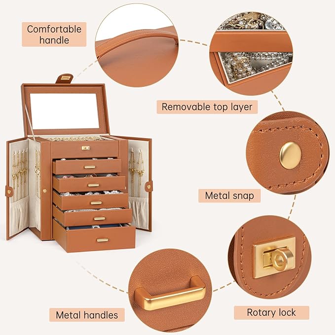 AKOZLIN 6-Tier Jewelry Box Organizer Functional 5 Drawers Leather Jewelry Storage Case for Women Girls Ring Necklace Earring 