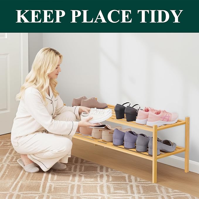 Smiry Long Bamboo Shoe Rack 2-Tier, Stackable Wooden Shoe Organizer for Entryway & Closet, Free Standing Wood Shoe Storage Sh