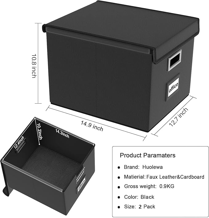 Huolewa File Organizer Boxes with Lids, Collapsible Faux Leather Hanging File Folder Box Organizer with Plastic Slide, Decora