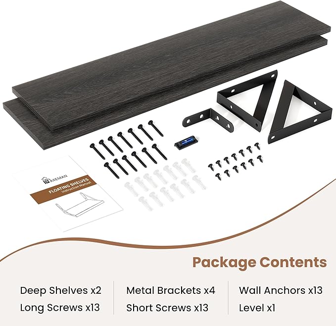 Axeman 48 Inch Floating Shelves | 8 Inch Deep Black Wall Shelves Set of 2 | 47.3" W x 8" D Rustic Black Wood Shelves for Bath