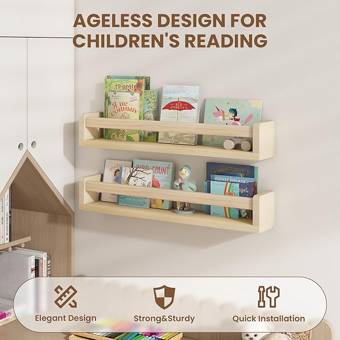 Fun Memories Nursery Book Shelves Set of 2, 32 Inch Solid Wood Wall Book Shelves, Kids Room Floating Shelves Organizer & Toy 