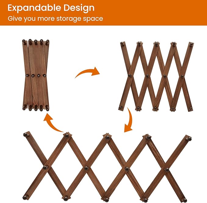 Homode Accordion Wall Hanger, Hat Rack for Wall, Wood Expandable Coat Rack, Vintage Accordian Peg Hooks Purse Organizer for H