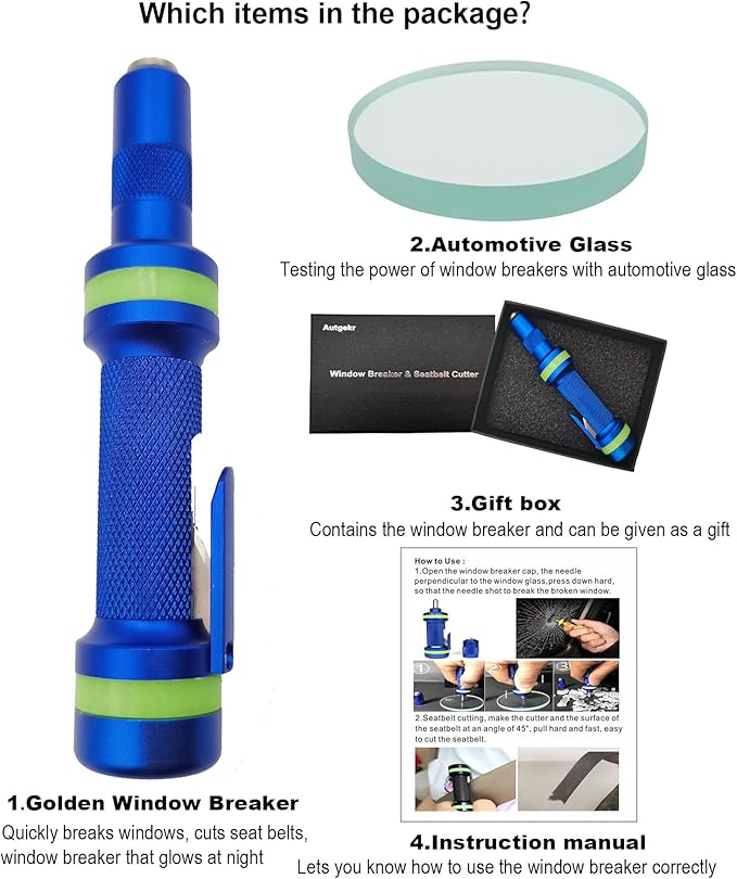 Window Breaker Seatbelt Cutter, Glass Breaker, Spring Loaded Window Breaker with Light Glow Ring, Emergency Car Escape Tool f