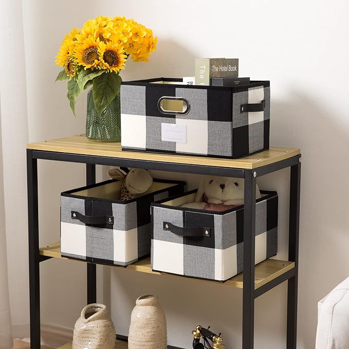 PRANDOM Large Collapsible Storage Baskets for Closet [3-pack] Decorative Fabric Storage Bins Cubes with Leather/Metal Handles