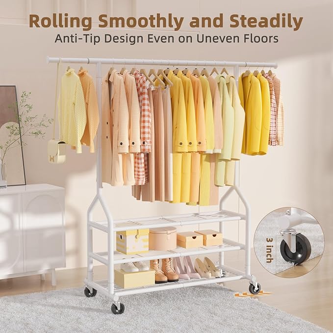 EAGMAK Heavy Duty Clothes Rack Load 688 LBS, Rolling Clothing Rack With 3 Shelves, Adjustable Metal Clothes Hanger with Wheel