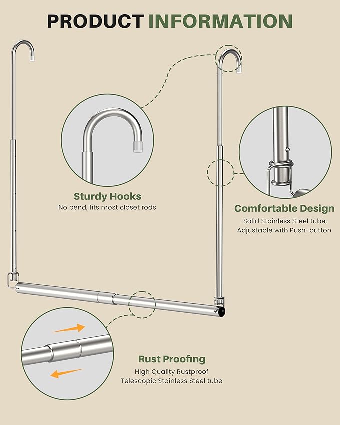 Hanging Closet Rod, Adjustable Height & Width Closet Rods for Hanging Clothes-Closet Extender Hanging Rod Space-Maximizing De