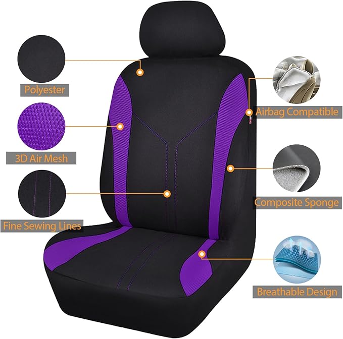 Flying Banner Car Seat Covers Full Set Front Seats and Rear Bench Mesh Fabric Splicing Polyester Cover Black with Purple Colo