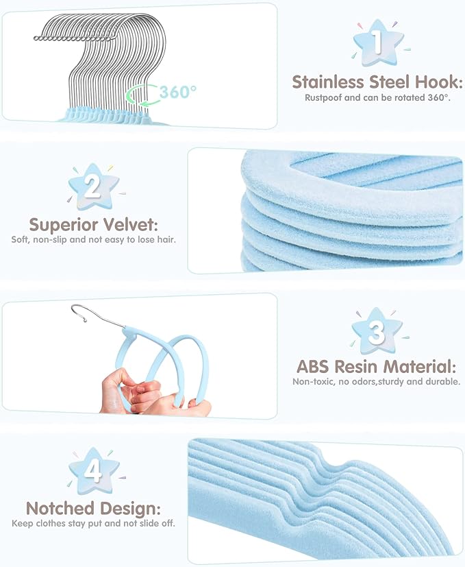 VIS'V Baby Hangers, 11 Inch Velvet Kids Hangers with 6 Pcs Clothes Size Dividers, Infant Toddler Nursery Closet Organization,