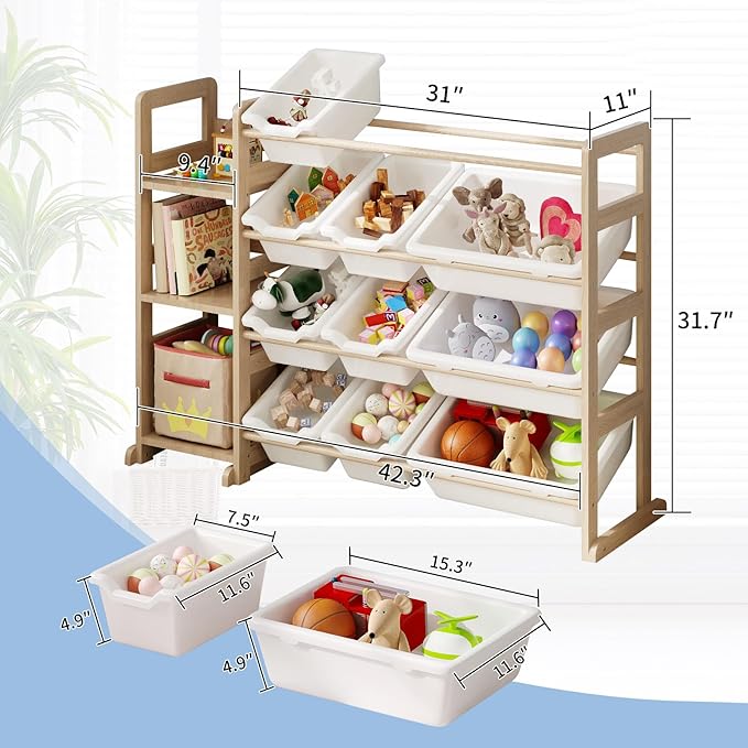Toy Storage Organizer - Toy Organizers and Storage with Bookshelf, Toy Storage Shelf with 3 Shelves and 12 Storage Bins, Kids