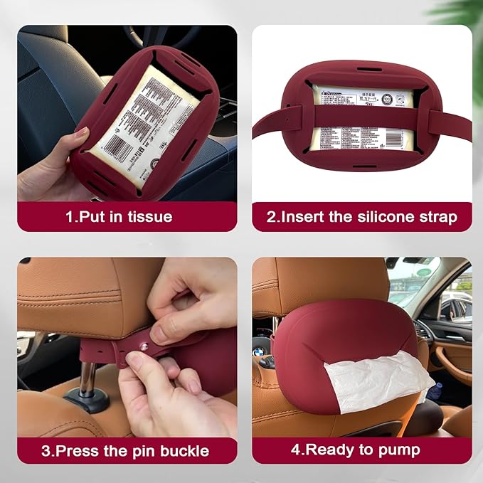 Car Tissue Holder,Silicone Tissue Box Cover with Adjustable Strap,Car Tissue Box Organizer for Backseat, Center Console and Sun Visor(7.4 * 5.1 * 2.5in)