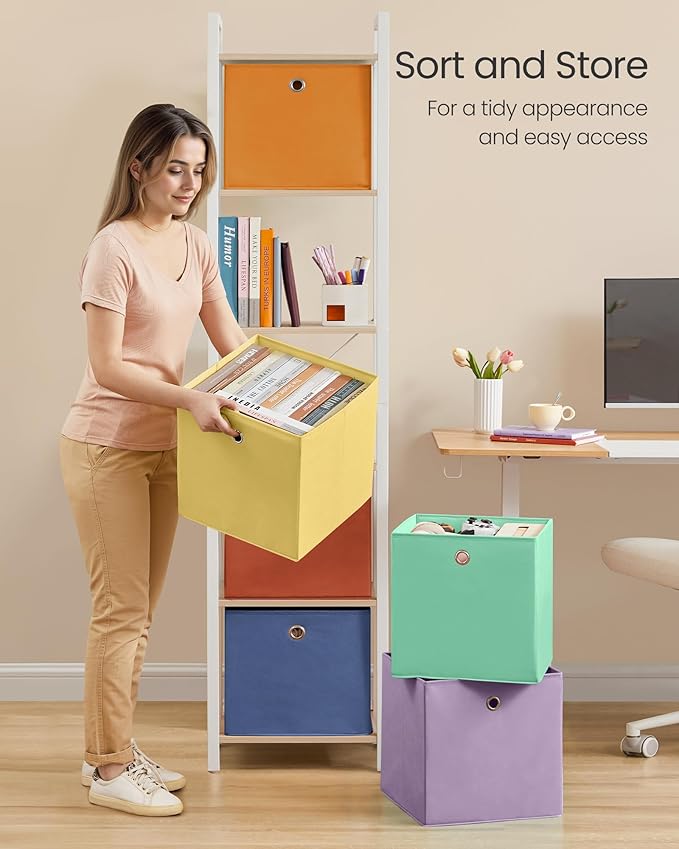 SONGMICS Storage Cubes, Set of 6 Odorless Foldable Storage Boxes, 13 x 13 x 13 Inches, Closet Organizers for Shelf, Rainbow S