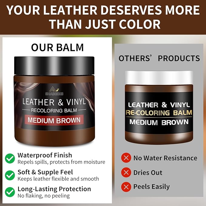 Leather Recoloring Balm and Scratch Repair Kit, Medium Brown Leather Restorer for Couches, Furniture, Car Seats, Leather Pain