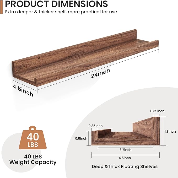 Fun Memories Picture Ledge Shelves Set of 2, 24 Inch Rustic Wall Mounted Floating Shelves with Lip for Home Storage and Décor