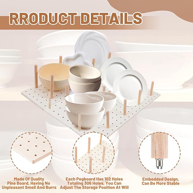 3 Pcs Wood Pegboard Drawer Organizer with 24 Pegs Wooden Peg Board Drawer Shelf Organizer Adjustable Peg System for Dishes Pl