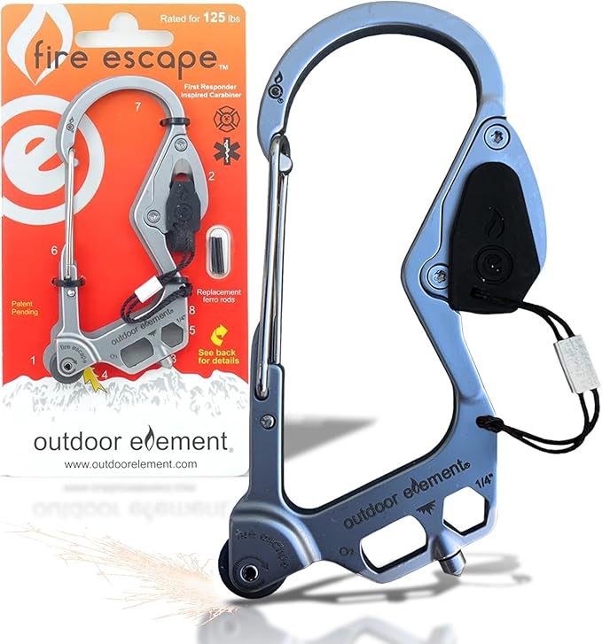 OUTDOOR ELEMENT Fire Escape, Emergency Escape Tool, Seatbelt Cutter, Window Breaker, Multi Tool, Fire Starter, Carabiner, and