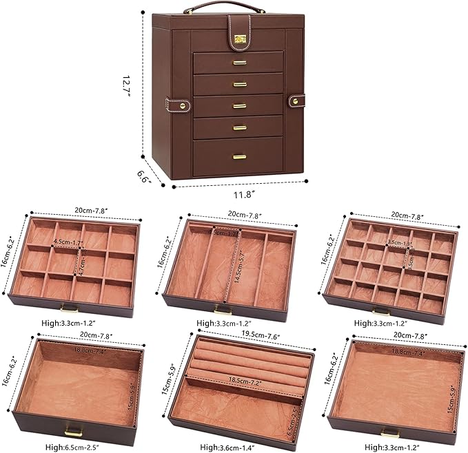 AKOZLIN Extra Large 6-Tier Jewelry Box Organizer with Mirror, 5 Drawers Leather Jewelry Storage Case for Women Girls Ring Nec