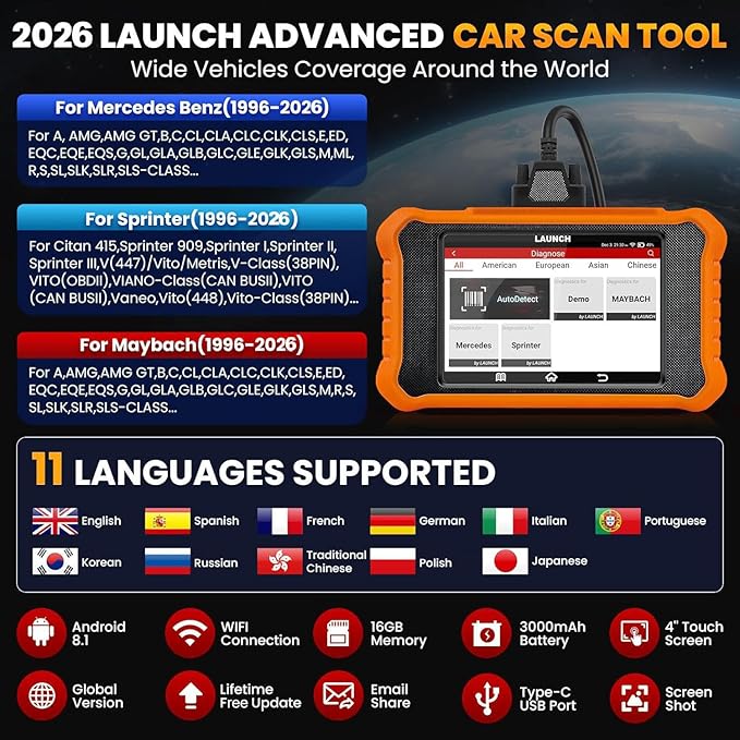 2026 LAUNCH Creader Elite V2.0 fit for Mercedes-Benz MB Sprinter Maybach Bi-Directional Scan Tool, OBD2 Scanner, Full System