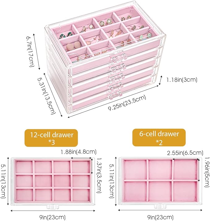 ProCase Earring Holder Organizer Jewelry Box with 5 Drawers, Acrylic Clear Earring Case with Adjustable Velvet Trays for Wome