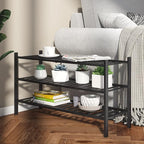Long Shoe Rack, 3-Tier Bamboo Stackable Shoe Shelf Storage Organizer, Shoe Stand for Closet, Entryway and Hallway