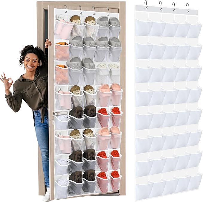 Windyun 40 Over the Door Shoe Organizer Large Breathable Mesh Pocket Clear White Hanging Shoe Rack for Closet Behind Door Han