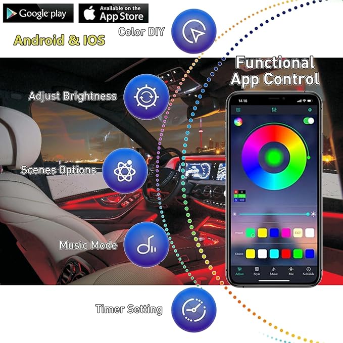 Interior Car LED Strip Lights RGB Fiber Optic Trim Lighting 5 in 1，Wireless APP Ambient Lighting Kits 236 inches Fiber Optic, 16 Million Colors Car Neon Lights, Music Sync