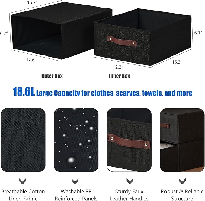 Closet Drawer Organizer Stackable Fabric Storage Boxes Bins Baskets with Lid PU Leather Handles Foldable Washable Cotton Line