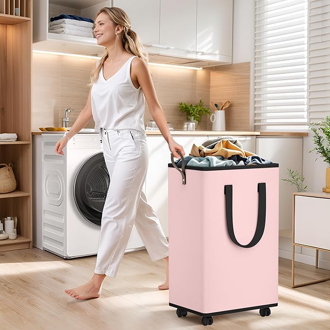 SpaceTrove Laundry Basket with Wheels, Collapsible Laundry Baskets, Laundry Hamper with Handles Detachable Wheels, Rolling La