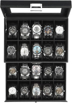 Watch Case for Men, 20-Slot 2-Layer Watch Box with Large Glass Lid, Watch Storage Organizer with Removable Watch Pillows, Men
