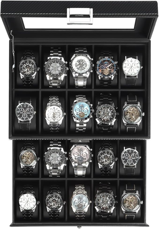 Watch Case for Men, 20-Slot 2-Layer Watch Box with Large Glass Lid, Watch Storage Organizer with Removable Watch Pillows, Men