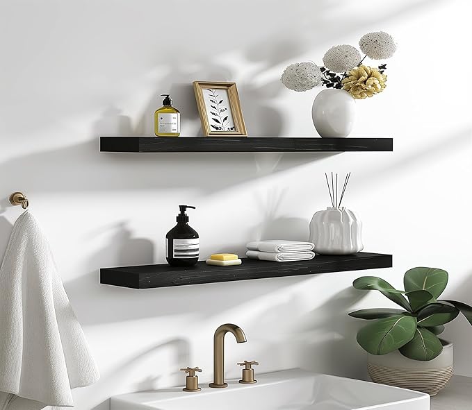 PHPH 24 Inch Wood Floating Shelves for Wall, Wooden Wall Shelves for Bedroom, Set of 6 Black