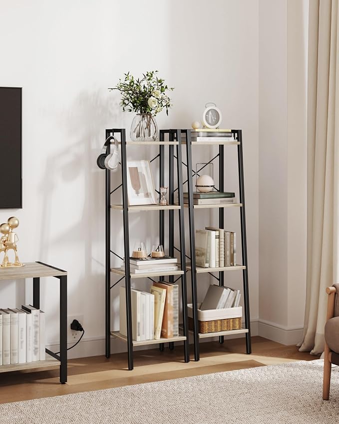 Hzuaneri Ladder Shelf, Bookshelf Bookcase, Freestanding Corner Storage Shelve with 2 Hooks for Home Office, Living Room, Kitc