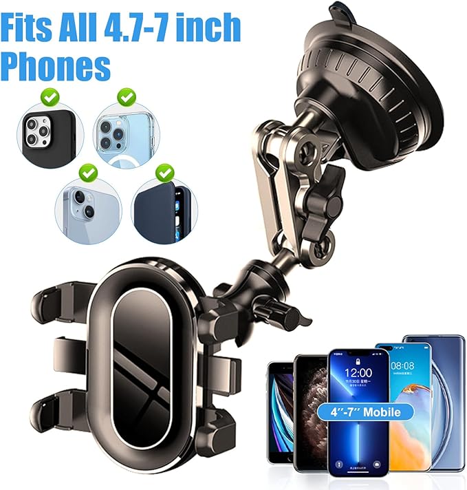 Car Phone Mount Video Recording, Universal 360° Rotating Arm Suction Cup Car Phone Holder Vlog Selfie Live Streaming Heavy Duty Car Phone Mount for Dashboard, Windshield, Sunroof (Black)