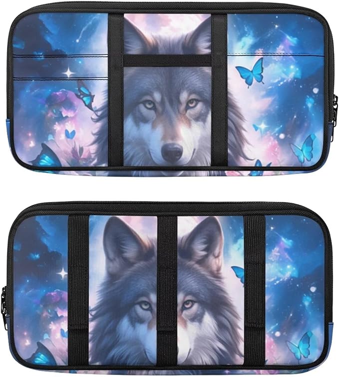 Wolf Print Sun Visor Storage Bag with Zipper Pockets,Multi-Pocket Auto Visor Storage Bag Adjustable Straps Auto Interior Accessories Pocket Organizer
