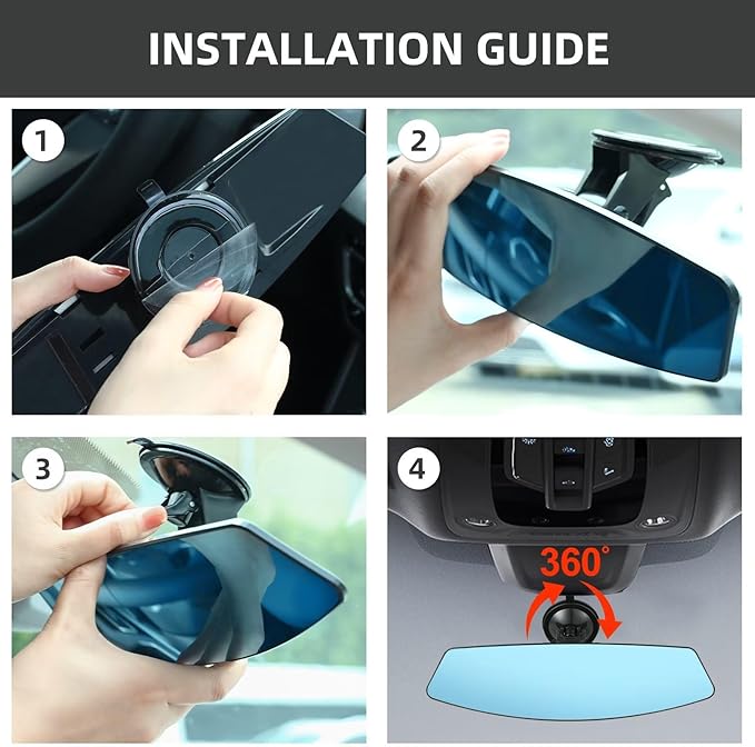 Car Rear View Mirror with Adjustable Suction Cup,Wide Angle Reduce Blind Spots 12.6inch HD Universal Panoramic Interior Rearview Mirror for Cars,SUVs,Trucks,Vehicles Blue