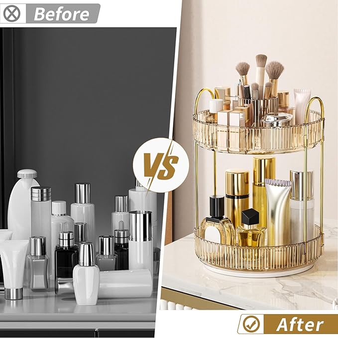 360 Rotating Makeup Organizer - Large-Capacity Skincare & Makeup Storage with 2-Tier Perfume Organizers, Cosmetic Dresser & M