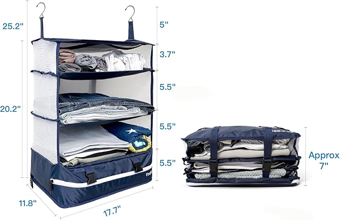 Grand Fusion Stow-N-Go Packing Organizer for Luggage, Portable Hanging Travel Shelves, Carry-On Closet, Hanging Packing Cubes