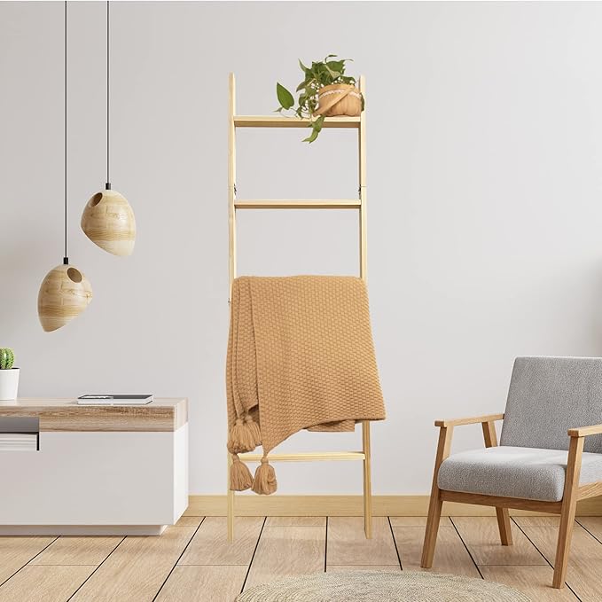 5-Tier Blanket Ladder – 4.8 Ft Wall Leaning Quilt Rack, Farmhouse Blanket Storage for Living Room, Bedroom & Bathroom – Rusti