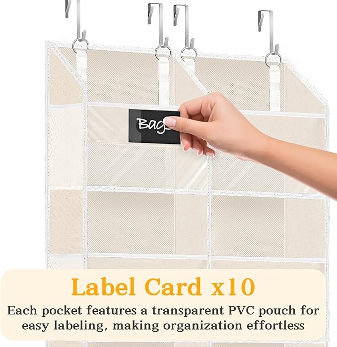 Over the Door Organizer, 5-Tier Extra Large Storage with 10 Pockets and PVC Label Pouches, 80 lbs Capacity Hanging Closet Org