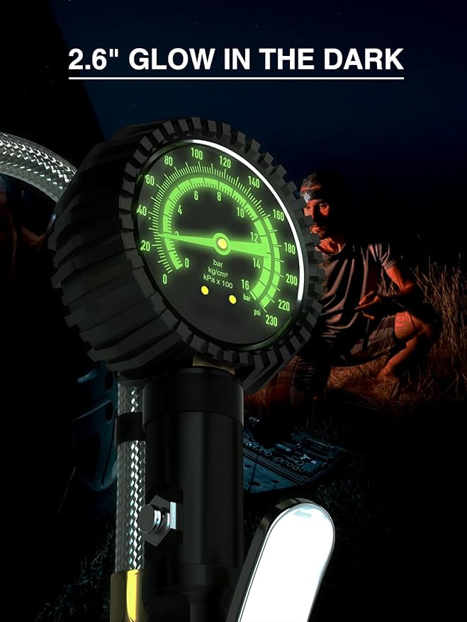 AZUNO Heavy Duty Tire Pressure Gauge, Tire Inflator Gauge 230PSI Air Chuck Air Compressor Attachments, with Steel Braided Hose, Large 2.6" Glow Dial & Quick Connect Coupler, for Truck/Car/SUV/RV/Bike
