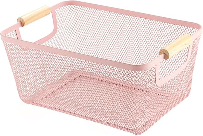 AJIODA Metal Mesh Steel Basket, Medium Wire Storage Organizer Basket Multi-function Hanging Kitchen Basket with Wood Handle f