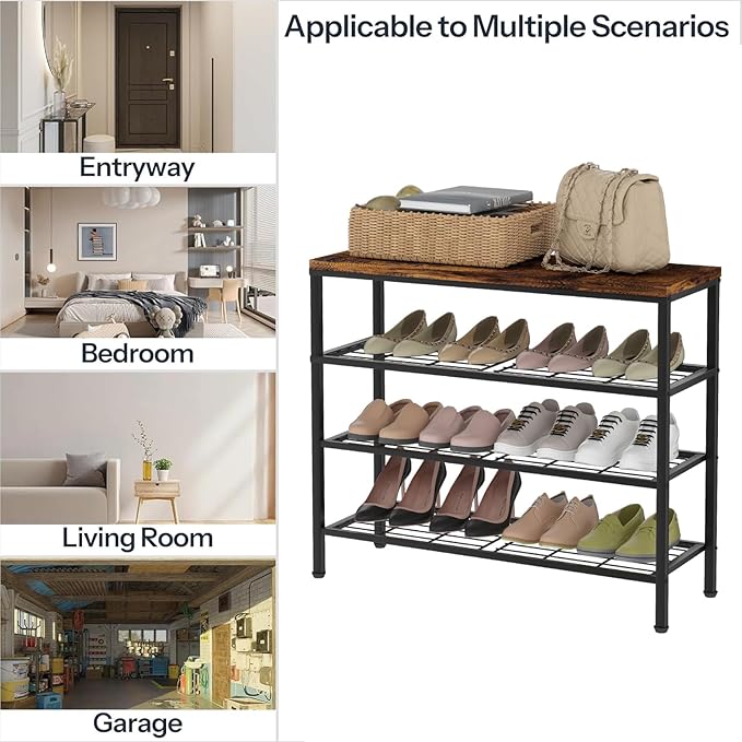 4-Tier Metal Shoe Rack with Wood Top - Durable & Space-Saving Shoe Organizer,Industrial Shoe Organizer Shelf Bench Storagefor