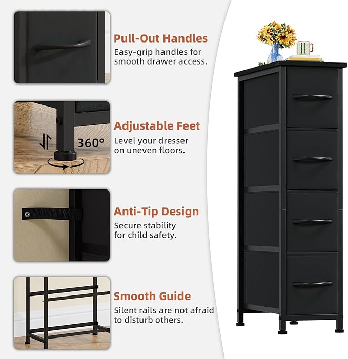 Somdot Narrow Dresser with 4 Drawers, Slim Storage Organizer Chest of Drawers with Removable Fabric Drawers for Small Spaces 