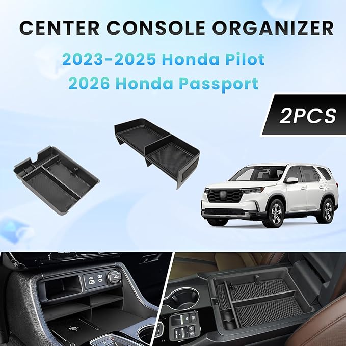 2PCS Center Console Organizer Compatible with 2023 2024 2025 2026 Honda Pilot/ 2026 Honda Passport Armrest Tray Insert Divider Slot Box Secondary ABS Plastic Material Interior Accessories